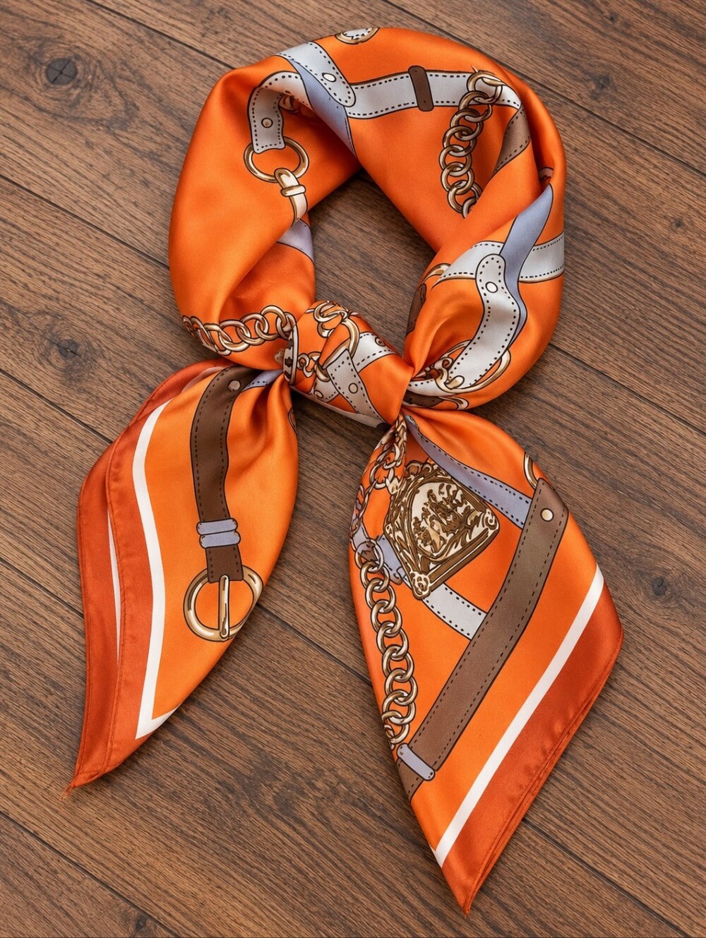 NEW Orange Equestrian Belt Chain Print Satin Scarf 27.5" Square